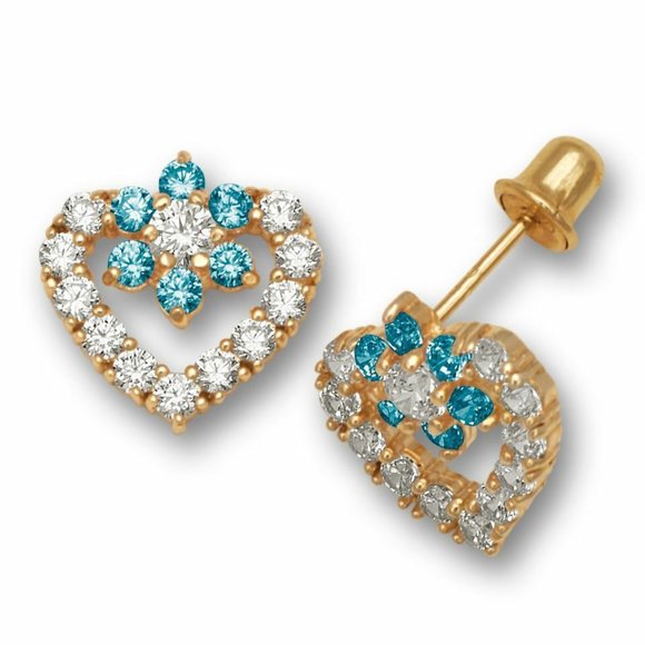 Solid 14K Yellow Gold Heart Shape Screw Back Earrings with Sparkling Birthstone - Picture 13 of 13